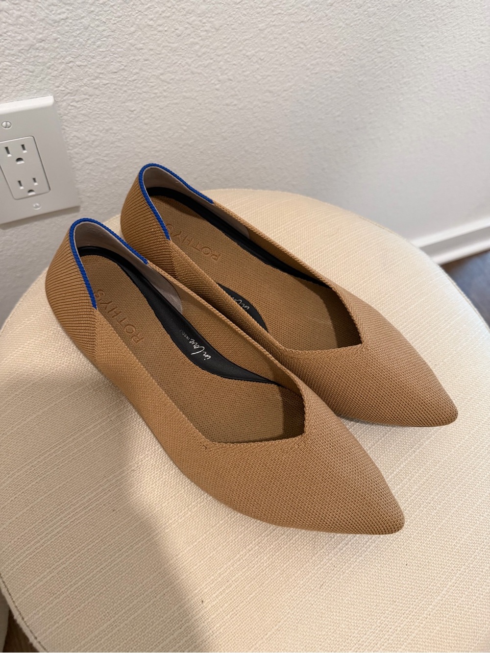 Rothy's Pointed Knit Flats in Tan with Blue Trim